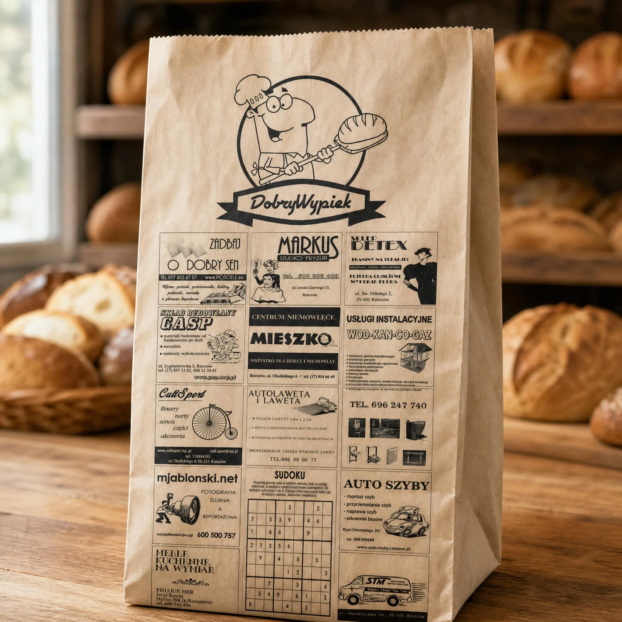 A brown paper Dobry Wypiek bread bag with the baker logo and a grid of local Rzeszów ads, plus a sudoku